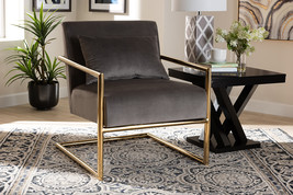 Madra Gray Velvet Fabric Upholstered Gold Finished Metal Lounge Chair - $11,881.73 MXN