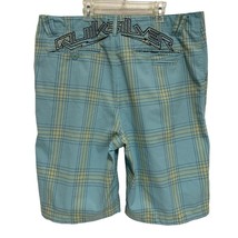 Quicksilver Mens Size 40 Board Shorts Blue Yellow Plaid Spellout Logo Embroidere - £20.80 GBP