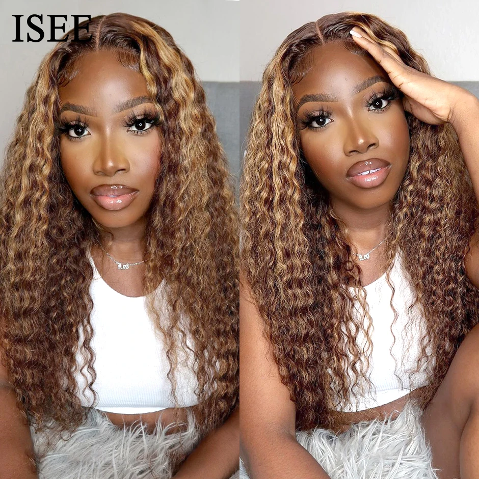 ISEE HAIR Honey Highlight Wig Human Hair Wigs 4/27 Ombre Curly 13x4 Lace Front - £103.03 GBP+