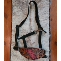 Bronc Nose Halter Black Nylon Red Reptile Leather and Crystals Horse Sized USED image 1