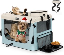 Reerooh Large Cat Carrier 24&quot;x17&quot;x17&quot;, Soft Dog Crate with 2 Bowls, Blue - $46.55