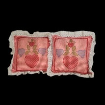 Embroidered Red Plaid Gingham Vintage Checked Ruffle Pillow Sham Pair 12&quot; Throw - £52.28 GBP