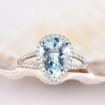 4Ct Pear Cut Simulated Aquamarine Halo Engagement Ring 14K White Gold Plated - £44.23 GBP
