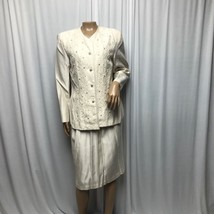 Classics Leslie Faye 12 Petite Cream Pearls Lace Button Up Jacket and Skirt Vint - $28.41