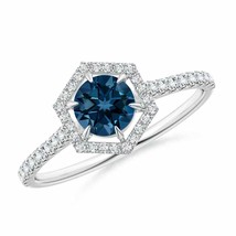 ANGARA 5mm Natural London Blue Topaz Ring with Hexagonal Diamond Halo in Silver - £452.18 GBP+