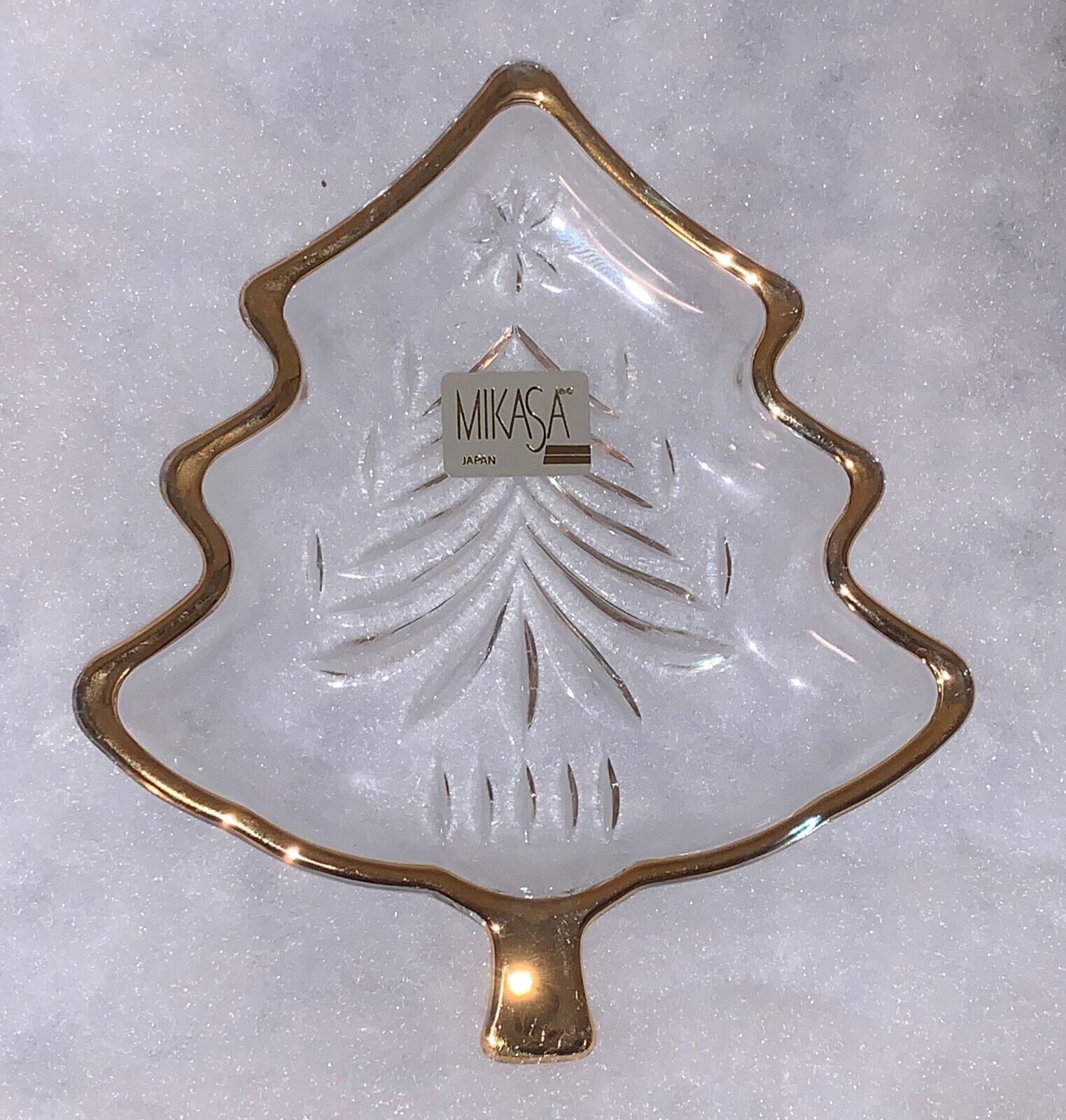 Mikasa YULETIDE TREE shape Candy dish "GOLD Trim" CHRISTMAS clear glass