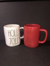 2 Rae Dunn HOLLY JOLLY &amp; MERRY &amp; BRIGHT Christmas Coffee Mugs White Red ... - $10.95