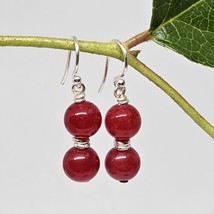 925 Sterling Silver - Red Stone Beaded Dangle Earrings - £15.65 GBP