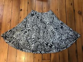 Chicos Dark Blue Black Paisley Patterned Sequined Flared Cotton Silk Skirt 1 30&quot; - £29.08 GBP