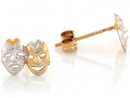 10K or 14K Two Tone Gold Drama Face Theater Mask Stud Earrings - £143.87 GBP+