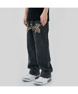Letter Embroidery Distressed Denim Pants - $39.99
