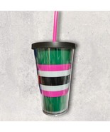 1 x Starbucks Cold Cup Tumbler 16oz Grande Green Black Pink Striped - $33.94 CAD
