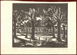 1970s Original signed woodcut Károly Andruskó  Fence Trees House Landscape Dark - £53.29 GBP
