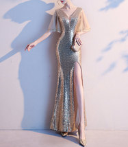 Deep-V Gold Sequin Dress Gown Women Plus Size High Split Sequin Maxi Dress image 5