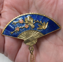 Vintage Blue Enameled Fan Brooch Pin Bird Floral Trimmed In Gold - $19.00