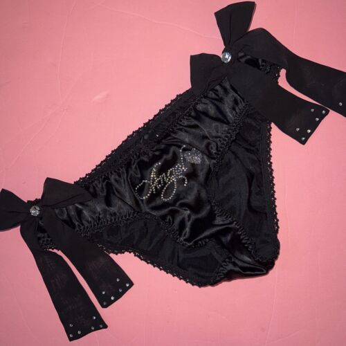Primary image for Victoria's Secret S Panty Black CRYSTALLIZED ANGEL BOWS RUFFLED satin Chiffon