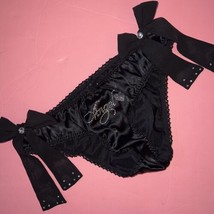 Victoria&#39;s Secret S Panty Black CRYSTALLIZED ANGEL BOWS RUFFLED satin Ch... - £30.95 GBP