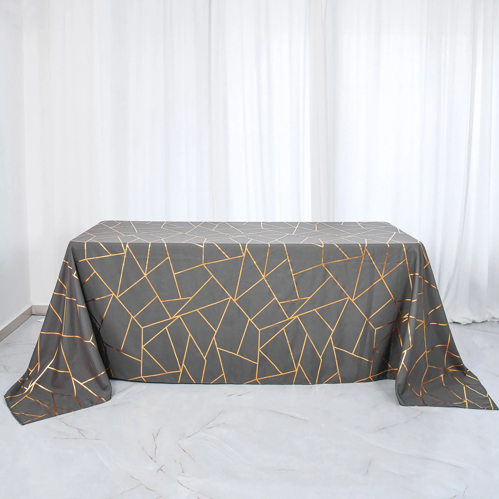 Charcoal Grey - 90&quot;x132&quot; Rectangle Polyester Tablecloth Gold Foil Geometric - £39.86 GBP