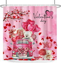 Pink Valentine&#39;S Day Shower Curtain, Rustic Farmhouse Valentines Truck with Roma - £34.41 GBP