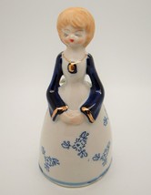 Vtg Blue White Delft Victorian Girl in Dress Bell Gold Trim figurine - £15.71 GBP