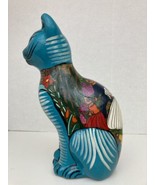 Vintage Turquoise Blue Talavera Mexican Pottery Cat - $101.83 CAD