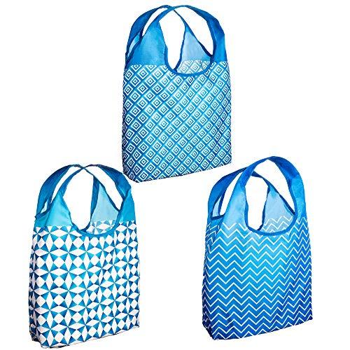 O-WITZ Reusable Shopping Bags, Ripstop, Folds Into Pouch, 3 Pack, Classic Blue, - $14.99