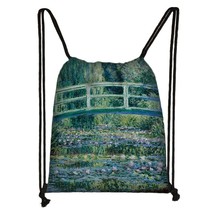 Famous Oil Painting Water Lilies Backpack Women Rucksack Claude Monet Drawstring - £48.52 GBP