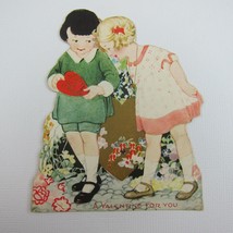 Vintage Valentine Die cut Boy &amp; Blonde Girl 1920s Dress Flowers Red &amp; Go... - £6.28 GBP