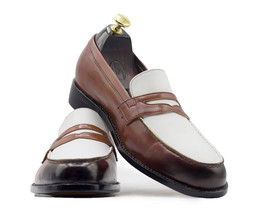 Men&#39;s Handmade White Brown Leather Round Toe Loafers, Men Fashion Party Loafers - £115.89 GBP