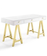 Vintage Glam White Office Desk Gold Stainless Steel Sawhorse Legs 3 Drawers - $674.21 CAD