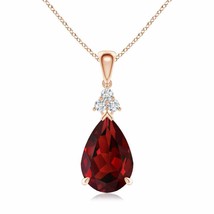 Authenticity Guarantee 
Claw-Set Garnet Drop Pendant with Trio Diamonds in 14... - £630.94 GBP
