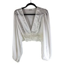 Reverse Womens Crop Top Puff Sleeves Lace Trim Deep V Satin White L - £3.94 GBP