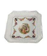 Vintage Reticulated Square Trinket Dish with Renaissance Couple Floral G... - £13.19 GBP