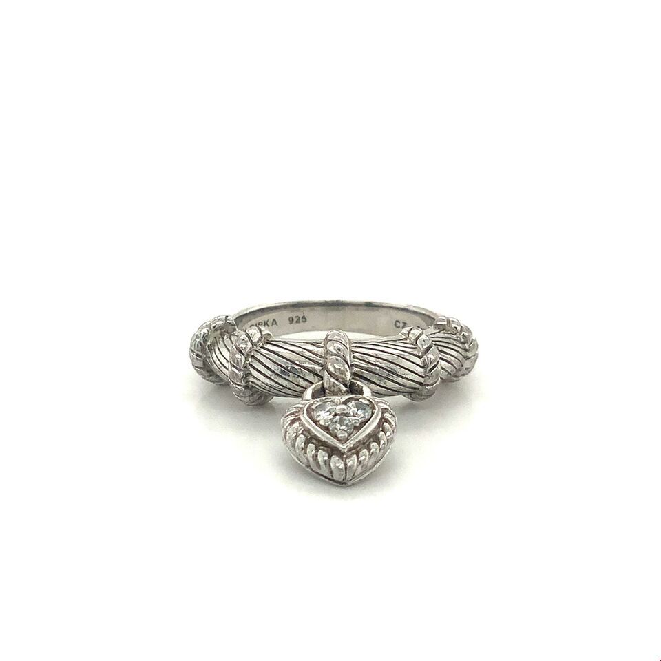Primary image for Vintage Signed 925 Judith Ripka Sterling Dangle CZ Heart Ring Band size 7 1/4