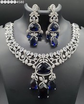 Indian Silver Plated Bollywood Style Choker Blue Necklace CZ Jewelry Set - £98.69 GBP