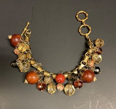 Vintage Bracelet Earth Tone Cluster Beads on Gold Tone Chain with Toggle... - $45.16 CAD