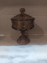 Vintage Amber Indian Glass Kings Crown Thumbprint Pedestal Candy Dish w/Lid - £15.56 GBP
