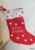 Red and White Felt Kitty Cat Christmas Stocking with Paw Prints Purr-fect - £9.52 GBP
