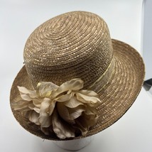 Lady&#39;s Brown Straw Sun Derby Church Hat with Twin Rose Gold Design 11.5 Across - £19.90 GBP
