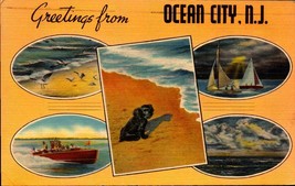 Linen POSTCARD- Greetings From Oc EAN City, NJ- MULTI-VIEWS-DOG &amp; Boats BK27 - £1.55 GBP