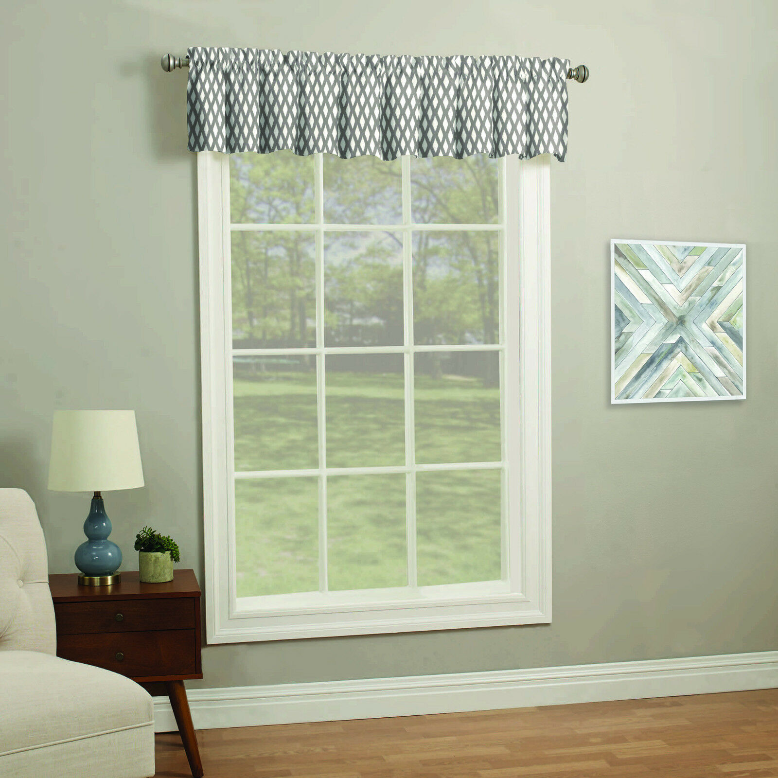 Primary image for Modern Home Fashion Trends Geometric Window Valance, Taupe/White, 56" x 14"- NEW