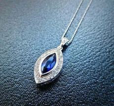 2Ct Marquise Cut Simulated Blue Sapphire Halo Pendant 14k White Gold Plated - £67.25 GBP