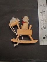 Natural Wooden Primitive Christmas Ornament Doll on Rocking Horse Toy - £7.44 GBP