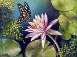 green jay butterfly pink water lily pond ceramic tile mural medallion backsplash - £86.25 GBP+