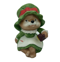 Homco Christmas Bear 3&quot; Figurine Baby Cub Bisque 5600 Green Red Muffin Hat - $12.00