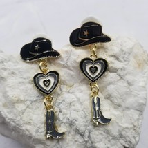 Western Cowgirl Hat Boot Enamel Heart Dangle Earrings Black - £11.68 GBP