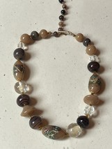 Vintage Tan Dark Brown Swirl &amp; Clear Fused Art Glass Various Shaped Beads Choker - £14.80 GBP