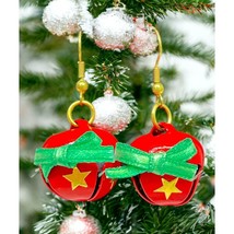 Vintage Jingle Sleigh Bells Earrings Red with Gold Stars Christmas Bells - $12.97