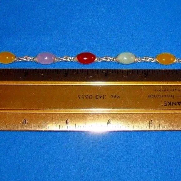 Sterling Silver Bracelet with 7 Multi Colored Gen. Jade..7&quot; well made piece - $1,743.76 MXN