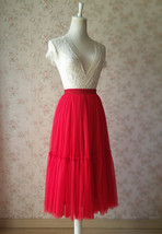 RED Midi Tulle Skirt Outfit Women Custom Plus Size Tiered Tulle Skirt image 2